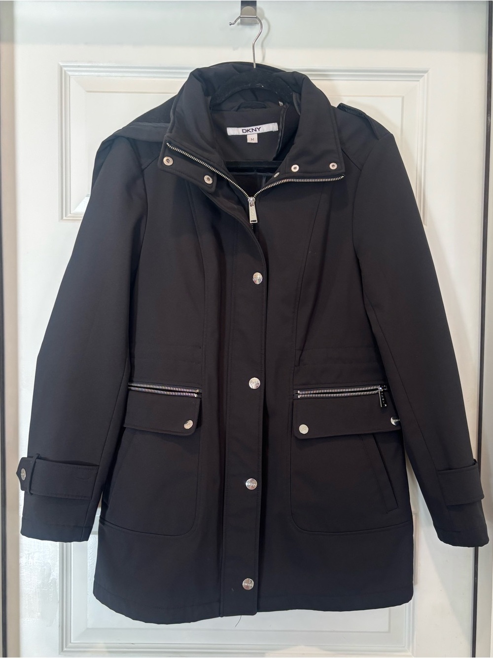 DKNY Black Hooded Utility Parka with Zip and Snap Front
